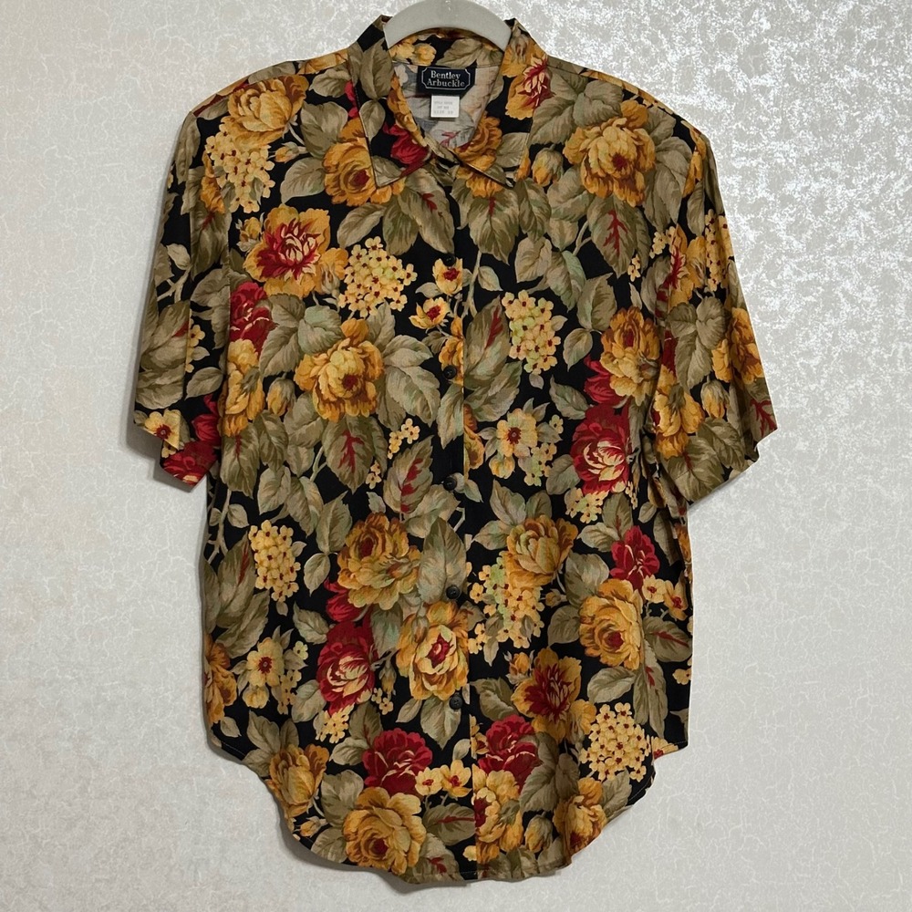 Bentley Arbuckle Floral Button Up Camp Shirt 100% Rayon Vintage Black Multi M